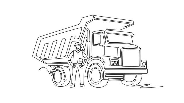 Animated self drawing of continuous line draw young man worker standing proudly beside a heavy dump truck vehicle, representing an industrial site mining transportation. Full length one line animation