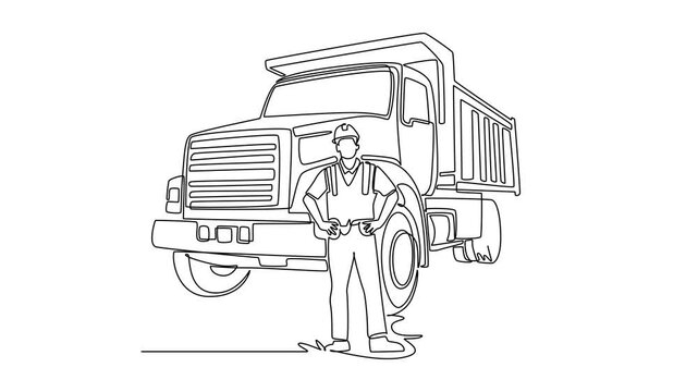Animated self drawing continuous line draw young male dump truck driver wearing safety hardhat and vest standing proudly in front of tipper truck at construction site. Full length one line animation