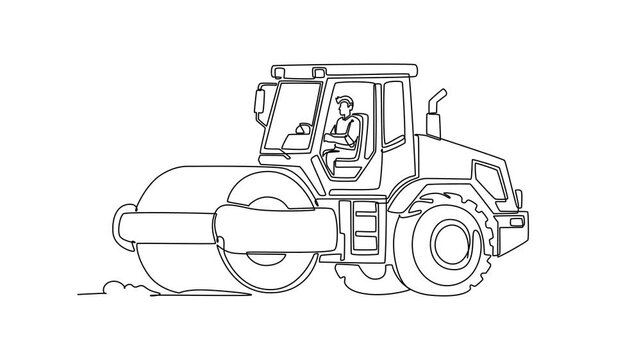 Animated self drawing of continuous line draw heavy road roller construction machine being operated by young professional male driver flattening asphalt during roadwork. Full length one line animation