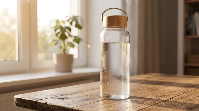 Transparent Vinyl Sticker Label Mockup on Clear Reusable Water Bottle on Wooden Table