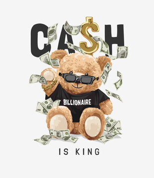 cash slogan with bear doll in black tee vector illustration