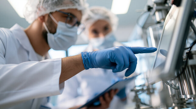 Two cropped european specialists in white lab coats hairnets and face masks during a technical check in a bright clean production room one blue gloved hand pointing to a machine