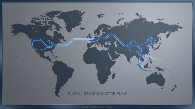 Global semiconductor supply chain map with glowing blue circuit lines connecting continents.