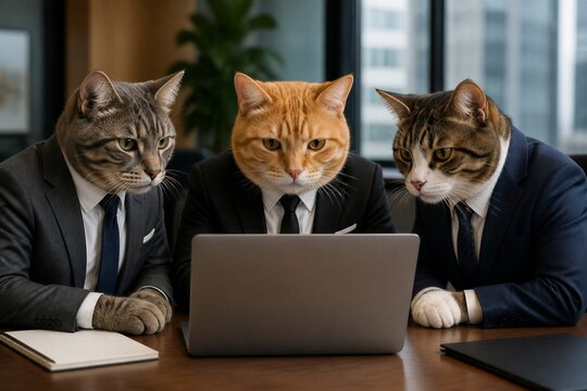 Cats reviewing laptop documents in corporate office meeting