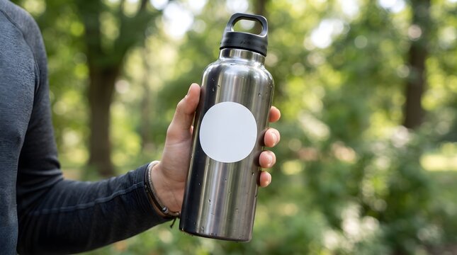 Blank Circular Vinyl Sticker Mockup on Metallic Sports Water Bottle Held by Hand