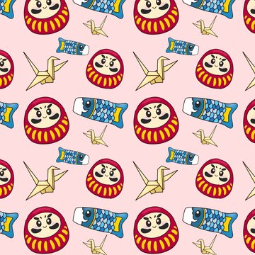 Seamless pattern with Japanese Daruma dolls, koi carp, and origami cranes.
