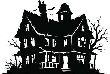 Naklejka premium Black silhouette of a haunted victorian mansion with gnarled trees and a full moon backdrop, haunted house