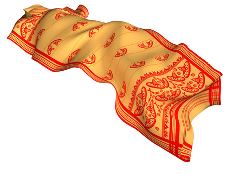 Gamosa or gamusa flying isolated on white or transparent png. It is generally a white rectangular piece of cloth from assam used in bihu. flying fabric png.