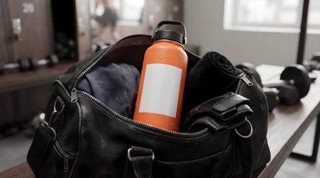 Blank Rectangular Vinyl Sticker Label Mockup on Black Matte Water Bottle Inside Gym Bag