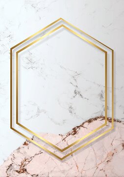 Geometric gold frame overlaying a marbled backdrop, white & rose