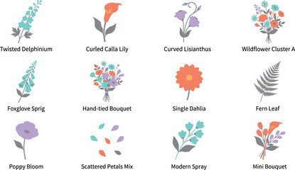 Flat Pastel Flower and Botanical Bouquet Vector Set Featuring Calla Lily Dahlia Foxglove Poppy Wildflowers and Fern Leaves for Wedding Invitation Graphic Designs © alexjender
