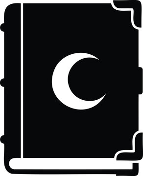 Black silhouette of an open book with a crescent moon symbol on a white background