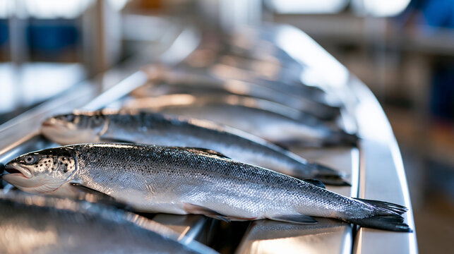 Close up of fresh trout aligned on a bright conveyor belt in a clean fish processing plant silver skin glistening under even white light polished stainless line receding softly