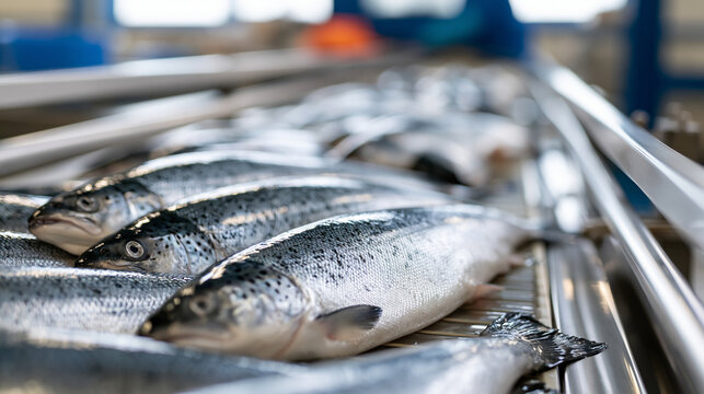 Close up of fresh trout aligned on a bright conveyor belt in a clean fish processing plant silver skin glistening under even white light polished stainless line receding softly