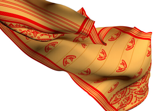 Gamosa or gamusa flying isolated on white or transparent png. It is generally a white rectangular piece of cloth from assam used in bihu. flying fabric png.