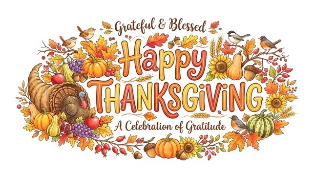 A beautiful watercolor illustration featuring the text happy thanksgiving surrounded by vibrant autumn leaves pumpkins and seasonal harvest elements for a festive holiday greeting card