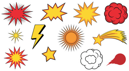 Title 1: Comic speech bubbles featuring explosion effects, lightning bolts, stars, sunbursts, and smoke elements in dynamic vector illustration style. © Rakib