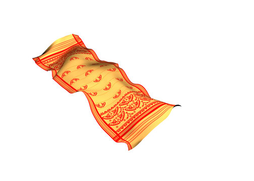 Gamosa or gamusa flying isolated on white or transparent png. It is generally a white rectangular piece of cloth from assam used in bihu. flying fabric png.