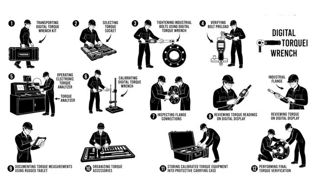 Mechanical Technicians Performing Digital Torque Verification Black Silhouette Vector Set