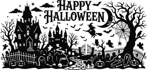 Naklejka premium Black and white illustration of a haunted house and graveyard with a happy halloween greeting in the sky