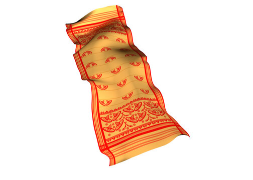 Gamosa or gamusa flying isolated on white or transparent png. It is generally a white rectangular piece of cloth from assam used in bihu. flying fabric png.
