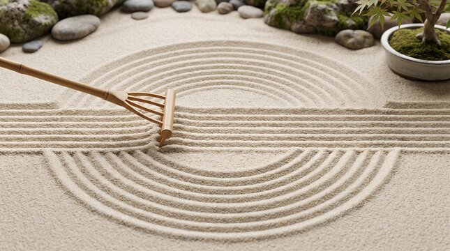 Wooden rake drawing concentric circles in zen garden sand for meditation