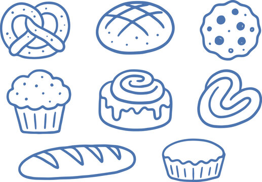Bakery icon set, blue line art bread and pastry collection, 8 food vectors