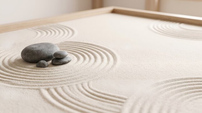 Zen garden with grey stones and raked sand circles for meditation.