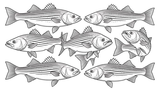 Vintage striped bass fish illustration, black and white line art of sea bass school, retro nautical marine life drawing for seafood branding