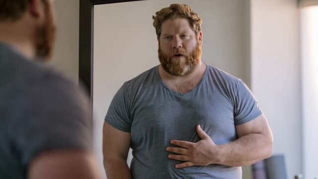Overweight man holding stomach while looking in mirror with concern about obesity and health