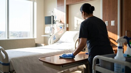 Fototapeta premium Professional Healthcare Worker Cleaning and Sanitizing a Patient Room in a Modern Medical Hospital Facility Environment