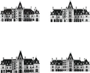 Fototapeta premium Set of four detailed french chateau architecture illustrations with architecture building exterior