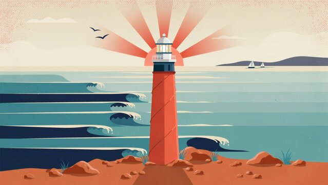 Retro vector illustration of red lighthouse on rocky coast with ocean waves with stylized waves setting setting sun rays shore stylized landscape