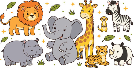 Fototapeta premium Cute African Safari Animals Vector Set Featuring Cartoon Lion, Elephant, Giraffe, Zebra, Hippopotamus, Rhino, Leopard, and Meerkat Illustrations for Kids Graphic Designs