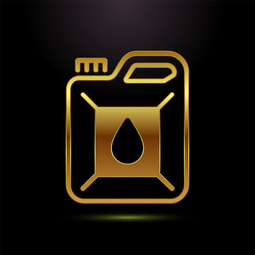 Shiny golden gallon jerrycan icon with liquid droplet. symbol of oil, fuel, gas, petrol.