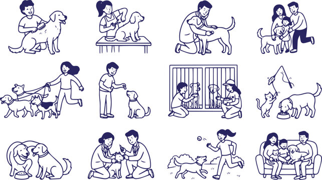 Dog care and pet service illustrations, grooming, veterinary, adoption, walking, training, shelter, family, and animal care activities collection