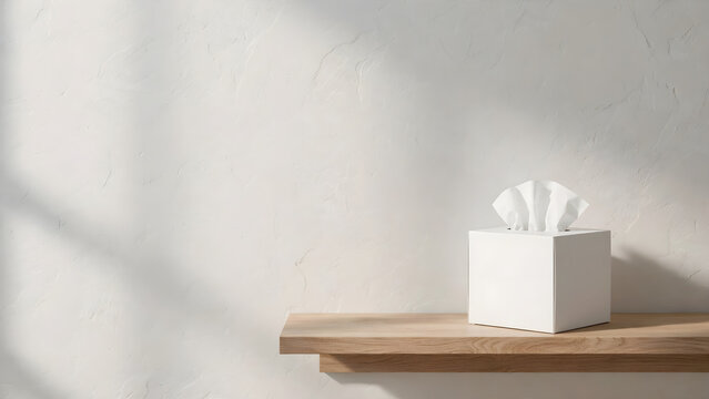 White tissue box on floating wooden shelf against textured wall with minimalist copy space