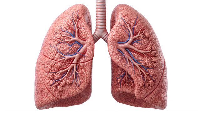 Healthy human lungs with detailed alveoli structure and bronchial tubes in medical illustration