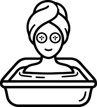 Woman relaxing in bathtub with face mask and eye patches, spa and self-care icon
