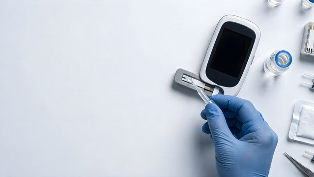Healthcare professional validating blood glucose meter with control sample in clinical workspace