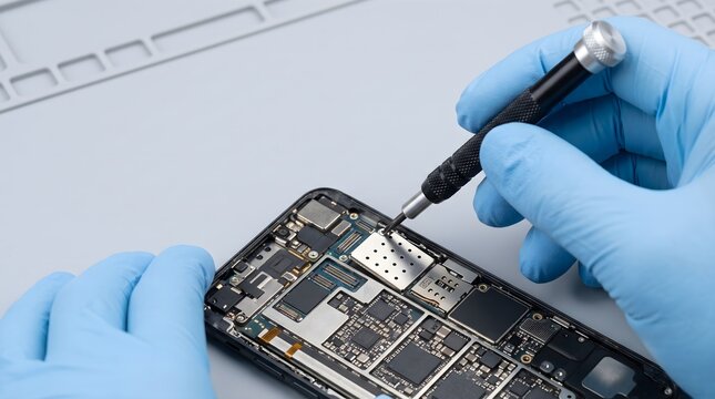 Technician using a precision screwdriver on internal smartphone components during repair