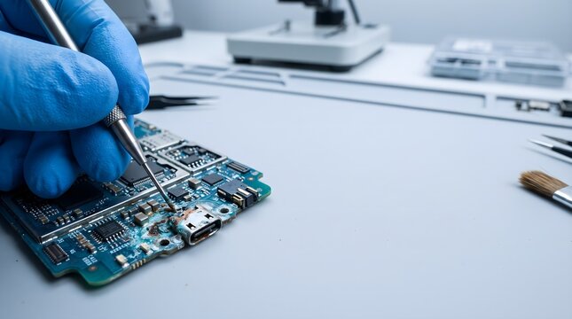 Repair specialist inspecting corrosion damage around a smartphone charging port and circuit board