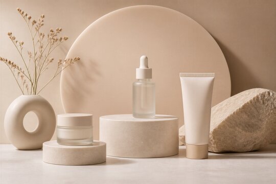Cosmetic products displayed on neutral stone pedestals