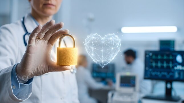 Physician holding a padlock beside a digital heart representing secure healthcare data
