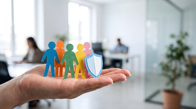 Colorful paper people and shield held on a hand representing employee protection and workforce security