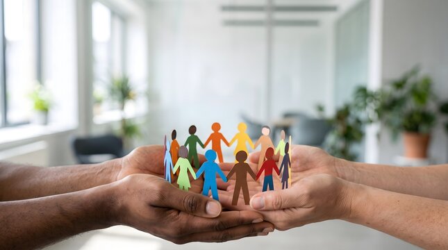 Diverse hands supporting colorful paper people in a modern office representing inclusive workplace collaboration