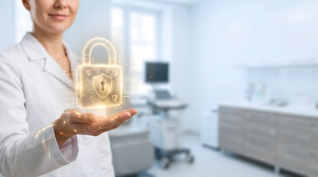 Healthcare professional presenting a glowing digital padlock in a modern clinical examination room
