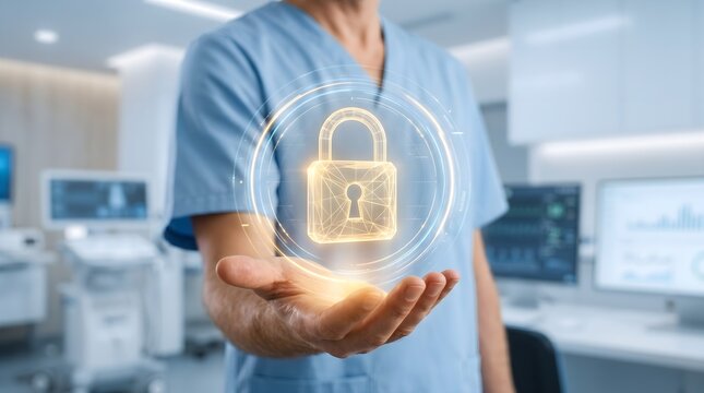 Healthcare worker holding a glowing padlock and digital security shield in a clinical environment