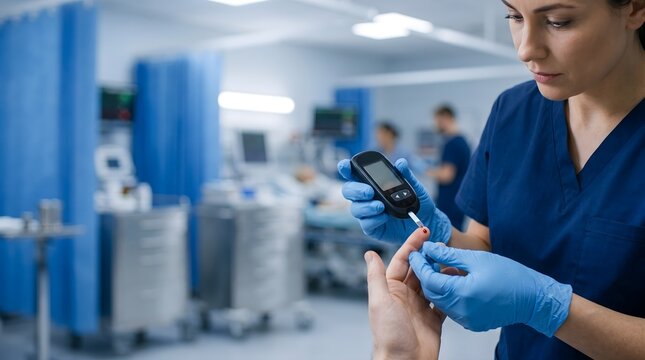 Emergency department nurse conducting a finger prick blood glucose test on a patient