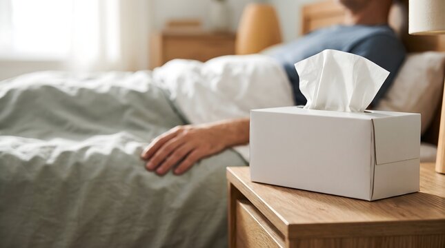 Facial tissue box on a bedside table beside a person resting in bed during illness recovery